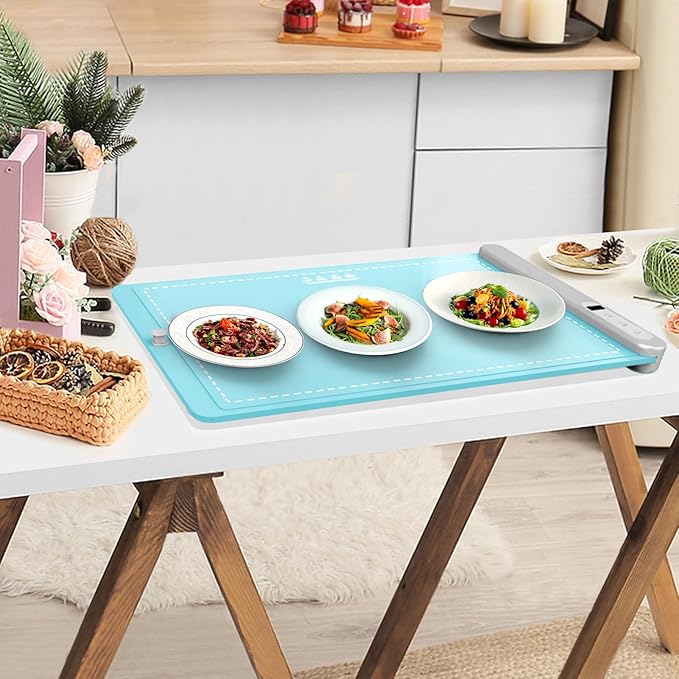 FYY Warming Mat for Food - Rapid and Full Surface Heating, 6 Temp Settings, 6H Timer, Rollable Portable Food Warming Mat, Ideal for Gatherings, Parties, Keep Meal Warm (X Large Size, Mint Green)