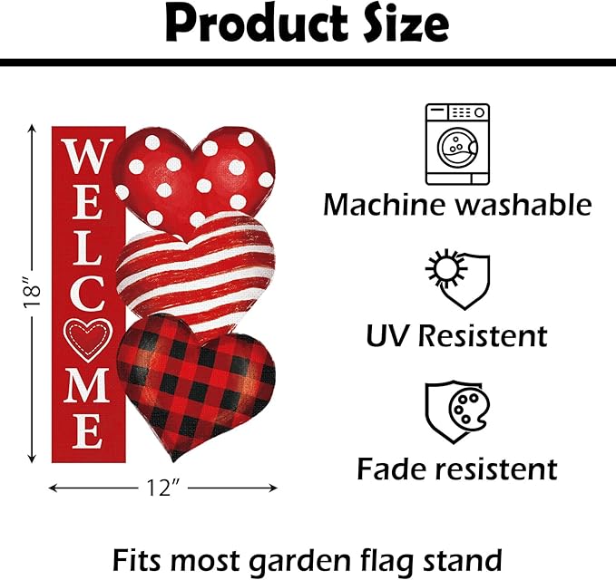 Heyfibro Valentine's Day Garden Flag Valentine Outdoor Decorations Double Sided 12x18inch Love Heart Banner Yard Flags for Outside Anniversary Wedding Party Holiday House Seasonal Decoration