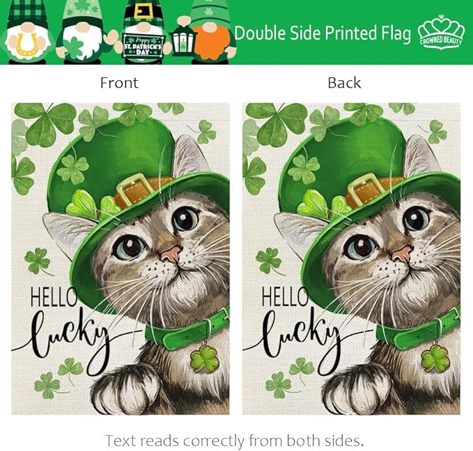 CROWNED BEAUTY St Patricks Day Cat Garden Flag Lucky Shamrock 12x18 Inch Double Sided for Outside Small Burlap Clovers Holiday Yard Flag