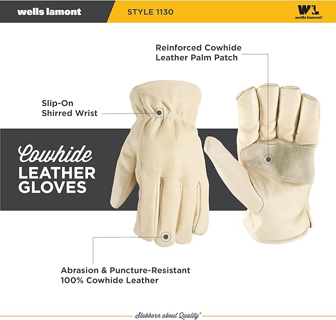 Wells Lamont Leather Work Gloves for Men – Grain Cowhide, Reinforced Palm – Ideal for Construction, Farming, Ranching – Ergonomic Fit, Keystone Thumb, Elasticized Wrist – Beige, X-Large (1130XL)