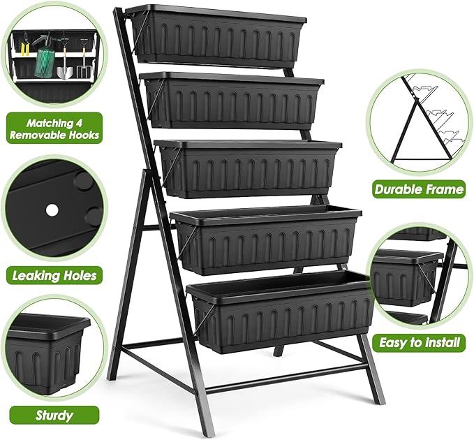 Suyncll Vertical Raised Garden Bed Planter Box,5 Tiers Vertical Garden Planter with Drainage System&4 Hooks for Herb Vegetables Flowers