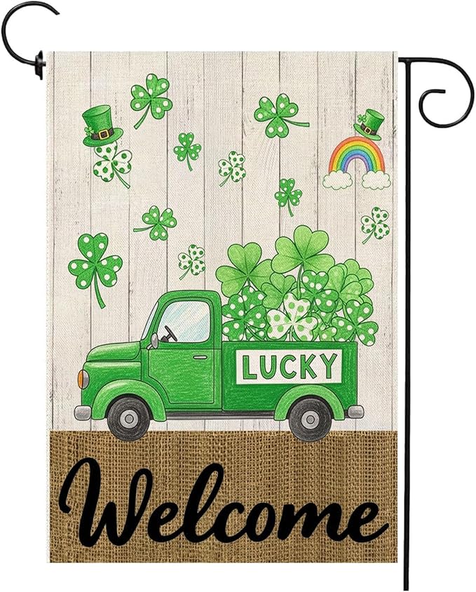 St Patricks Day Garden Flag 12x18 Inch Double Sided Outside Shamrocks Clovers Lucky Truck Welcome Yard Holiday Outdoor Decorations