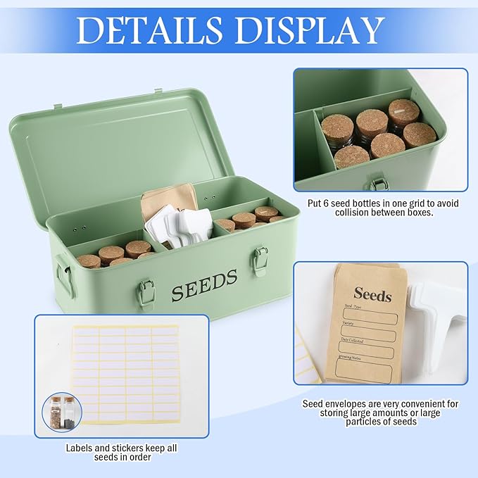 Seed Storage Box, Metal Seed Bin Seed Storage Organizer, 4 Dividers Seed Container with Safety Lock, Seed Box with Professional All-in-one Kit, Green