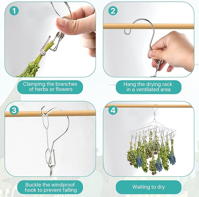 4-Pack Stainless Steel Hanging Herb Drying Rack - Space Saving Herb Dryer for Fresh Herbs, Flowers, Tea & Aromatic Herbs - Rustproof Kitchen & Garden Drying Rack with 40 Hooks