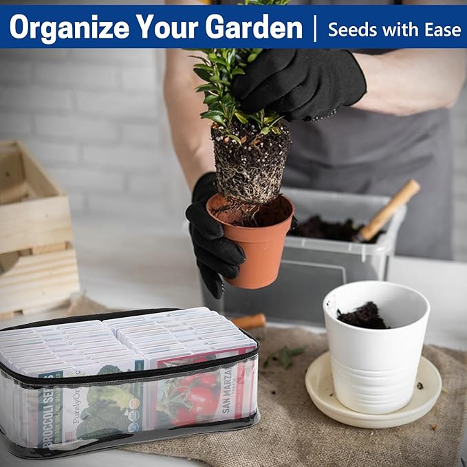 16 Slots Seed Storage Organizer Box with Clear Zipper Bag, Garden Seed Containers for Flower Vegetable Plants, Photo & Card Storage Case