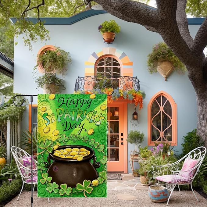 St Patrick's Day Garden Flag 12x18 Inch Double Sided Burlap Happy St Patrick's Day Pot of Gold Shamrocks Coins Outdoor Decorations Patio Irish Festival Decor