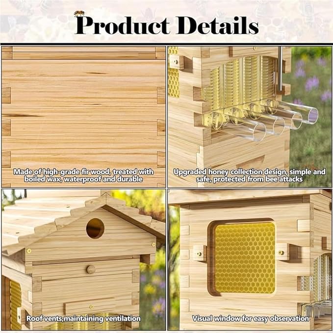 Self-Flowing Beehive Starter Kit Complete: Wooden Bee Box with Observation Window, Honey Spout, 4 Frames, 6 Honeycomb Trays, and Carpenter Bee House for Garden Pollinators, Easy Assembly