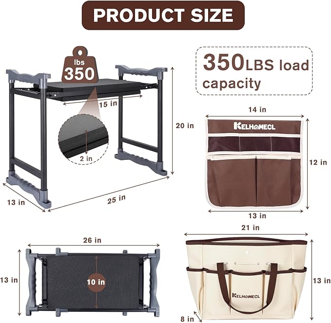 Garden Kneeler and Seat, Extra Wide Thick EVA Pad, Heavy Duty Foldable Garden Bench Holds 350lbs, Ergonomic Kneeling Stool with Garden Tool Pouches, Gardening Gifts for Women, Men, Seniors