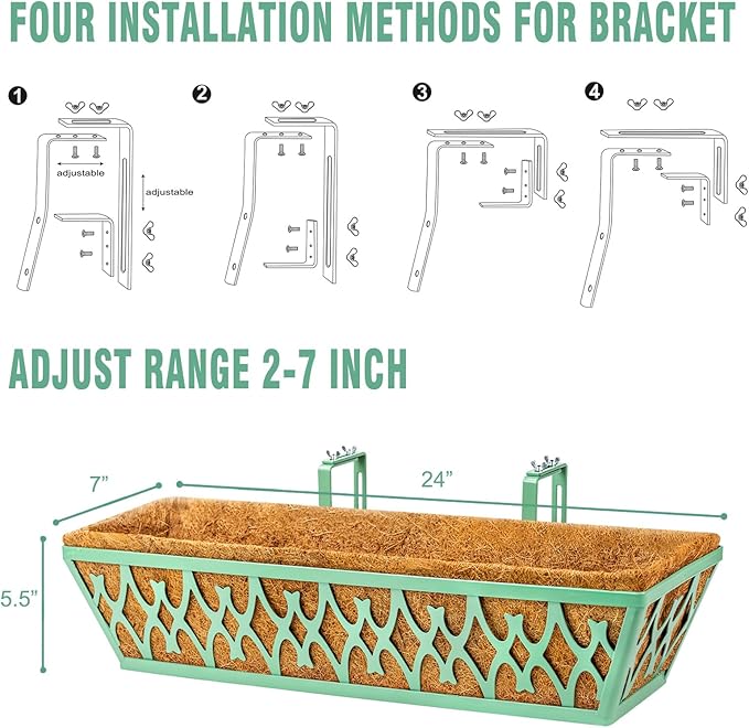 2 Pack 24 Inch Window Boxes Planters Railing Planter Box with Adjustable Brackets for Porch Fence Patio Balcony Hanging Flower Baskets with Coco Liners for Outdoor Garden Decor - Green