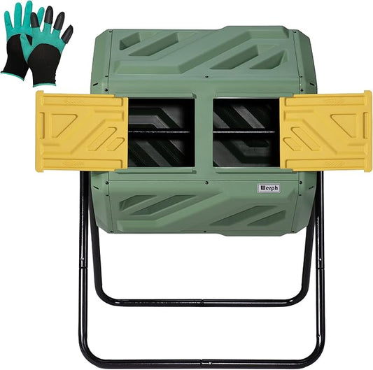 Updated 43 Gallon Dual-Chamber Compost Bin, Fast Assembly Outdoor Compost Tumbler, Rotating Batch Composter Bin with Gloves for Garden, Kitchen, and Yard