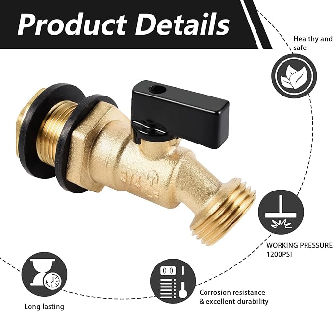 Brass Water Container 3/4" Threaded Rain Barrel Spigot Leak-Proof Rain Barrel Faucets Turn Ball Valve with Bulkhead Fitting and Washers for Garden Hose Thread Connection (Type A)