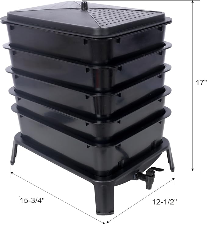 5-Layer Worm Bin with Worm Farm Kit, 50L Worm Composter Indoor & Outdoor with A Tap for Recycling Food Waste, Worm Castings, Easy Setup (Black, 5-Layer)