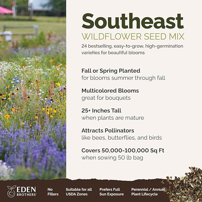 Eden Brothers Southeast Wildflower Mixed Seeds for Planting, 50 lb, 24,000,000+ Seeds with Cornflower, Blanket Flower | Attracts Pollinators, Plant in Spring or Fall, Zones 3, 4, 5, 6, 7, 8, 9, 10