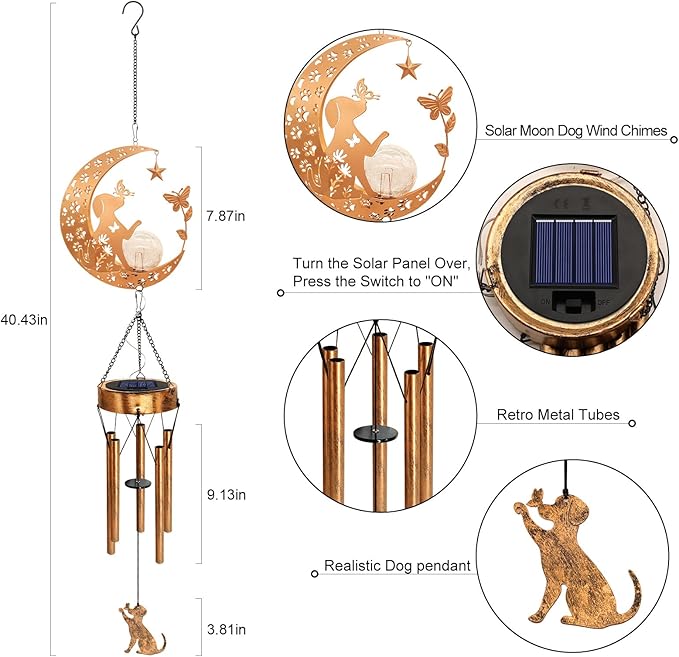 Solar Moon Dog Wind Chimes for Outside, Dog Lover Gifts for Mom Women Men Birthday Mothers Day, Hanging Outdoor Decor Cracked Glass Ball Memorial Wind Chimes for Garden Patio Porch