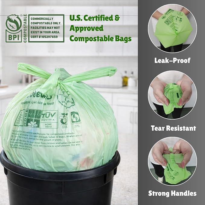 2.6 Gallon 100% Compostable Bags Handle Tie (110 Bags) 9.84L Small Compost Trash Bags Food Scrap Garbage Bags US BPI Certified TUV OK Compost Home Certified Meeting ASTM D6400 (110 ct.)