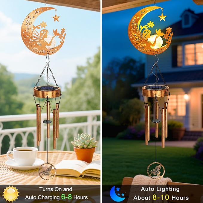 Solar Moon Fairy Wind Chimes, Moon Gifts for Mom Women Men Sympathy Festival Birthday Mothers Day, Hanging Outdoor Decor Cracked Glass Ball Memorial Large Wind Chimes for Garden Patio Porch