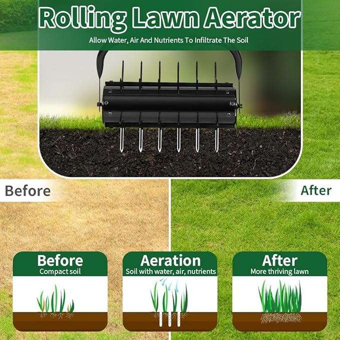 Lawn Aerator, 17'' Grass Rolling Aerators Tool Manual Garden Aerator with Handle Aeration Tool Lawn Steel Nails Aerator Machine with Sandbag, Patio Soil Roller Air Aerator Tool for Yard