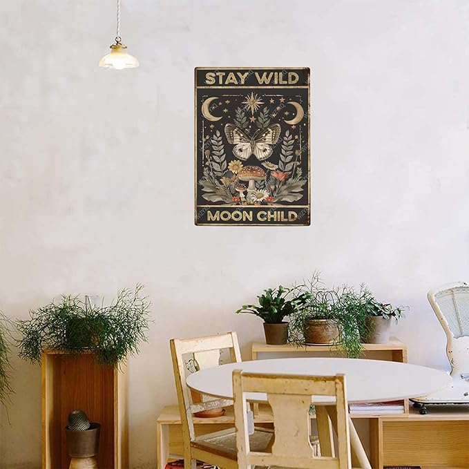 Funny Metal Signs Butterfly Stay Wild Moon Child Vintage Tin Sign Retro Wall Decor for Home Office Farmhouse Yard Garden Shop Cafe Indoor Outdoor 8×12 Inches
