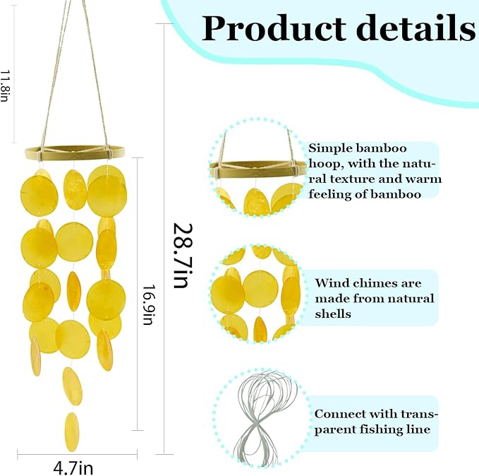 Wind Chimes Outdoor with Round Capiz Shells,Ocean Theme Party Decorations Memorial Wind Chimes Suitable for Indoor Front Porch Garden Patio Decoration(Orange 23inch)