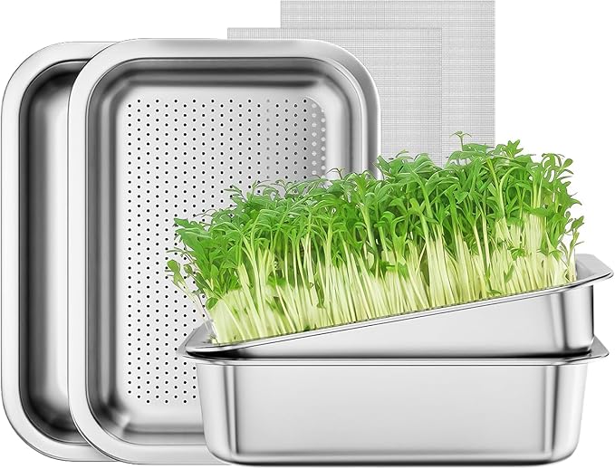 FANHAO 2-Pack Sprouting Tray Kit, Stainless Steel Soil-Free Cultivation Germination Tray, Healthy Wheatgrass Grower Sprouting Container Kit Nursery Tray for Indoors Plant Seedling