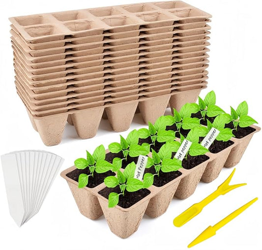 580 Cells Seed Starter Tray 58 Packs Biodegradable Peat Pots Germination Trays Organic Seed Starting Trays kit with 58 Labels 2 Transplant Tools