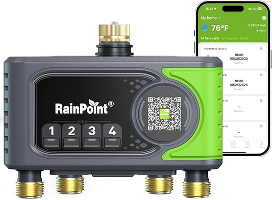 RAINPOINT WiFi Sprinkler Timer 4 Zone, Outdoor Smart Water Timer for Garden Hose with Brass Inlet&Outlet, Custom Programs via APP/Voice Control for Automatic Watering System Without Hub