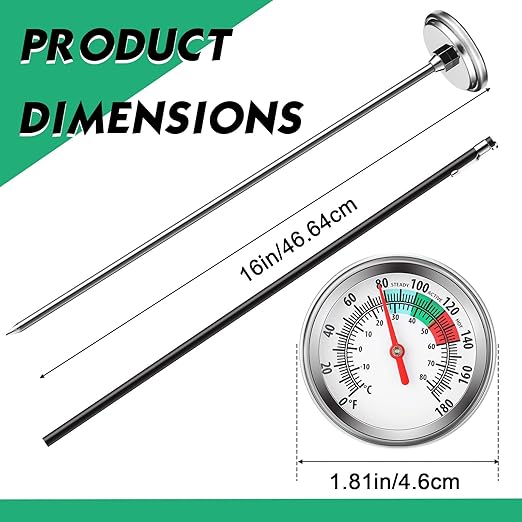 Xuhal 3 Pcs Stainless Steel Soil Thermometer Long Stem Compost Temperature for Garden Fahrenheit and Degrees Centigrade Display with Digital Composting Guide(16 Inches)