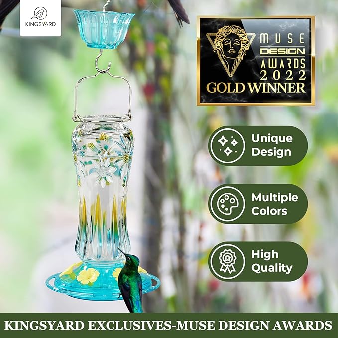Kingsyard Glass Hummingbird Feeders for Outdoors Hanging, 25 oz Leak Proof Hummingbird Feeder with Ant Moat & 6 Bee Proof Feeding Ports, Turquoise