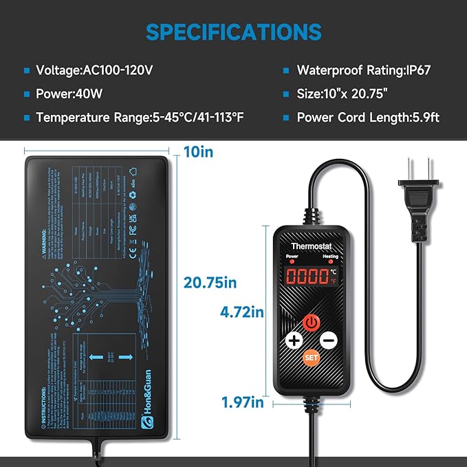 Hon&Guan 10"x 20.75" Seedling Heat Mat with Digital Thermostat Combo Set,Waterproof Plant Heating Pad for Germination,Indoor Gardening,Greenhouse