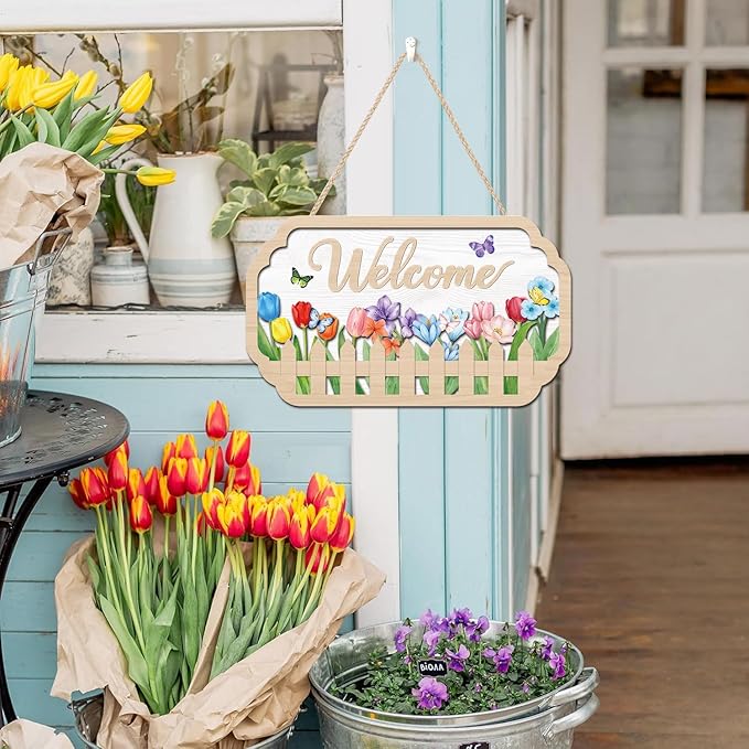 HOURIA 3D Welcome Front Door Sign (11.4”x7”),Floral Butterfly Garden Sign,Colorful Tulip Flower Wreath Sign,Spring Summer Decorations for Home Office Indoor Outdoor