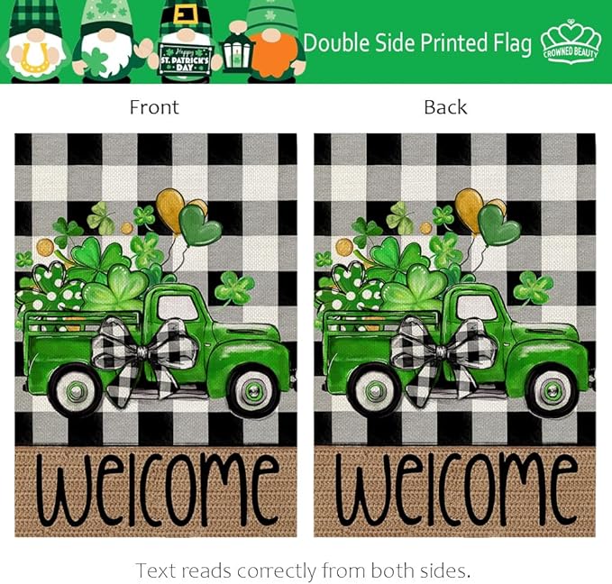 CROWNED BEAUTY St Patricks Day House Flag 28x40 Inch Double Sided Large Burlap Holiday Clovers Truck Flag for Outside Yard Welcome CF1325-40