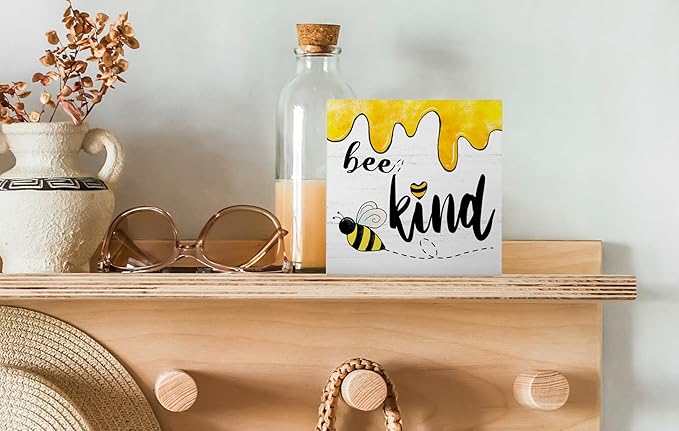 Bee Wooden Box Sign, Summer Decor for Home & Office, Rustic Tabletop Plaque, 5 x 5 Inch