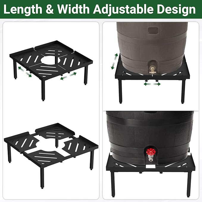 45-100 Gallon Rain Barrel Stand, Length & Width Adjustable Rain Collection Barrel Stand, Heavy-duty Steel Stand for Plastic Outdoor Rain Barrel