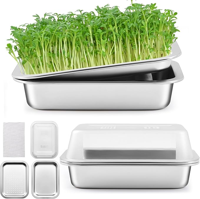 1 Pack Seed Sprouting Kit with Lid, 10.4 Inch Stainless Steel Soilless Culture Germination Tray, Microgreens Growing Kit, Encrypted Mesh Seed Starter Tray for Beans Alfalfa Broccoli Wheat Grass