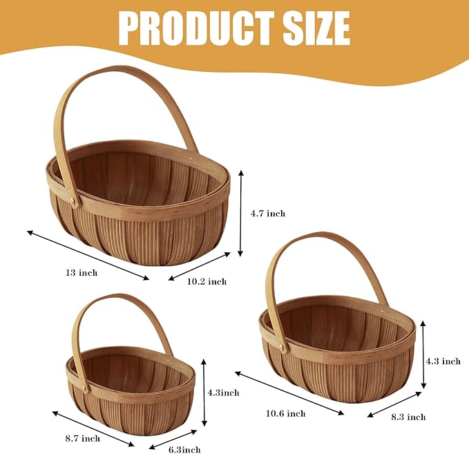 3Pack Harvest Basket, Garden Baskets with Handles, Handmade Woven Fruits Vegetable Storage Serving Holder, Gift Packing Woven, Flower Girl