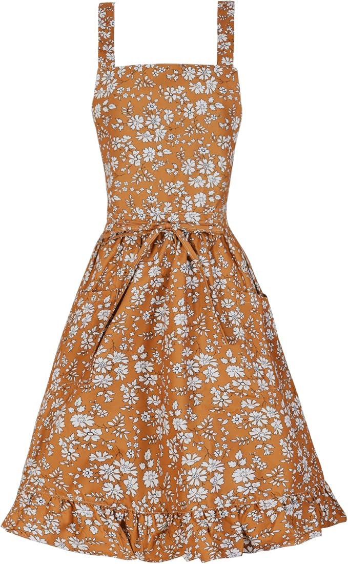Vintage Pinafore Apron Dress for Women with Pockets Cute Floral Chef Aprons for Kitchen Cooking Baking Gardening