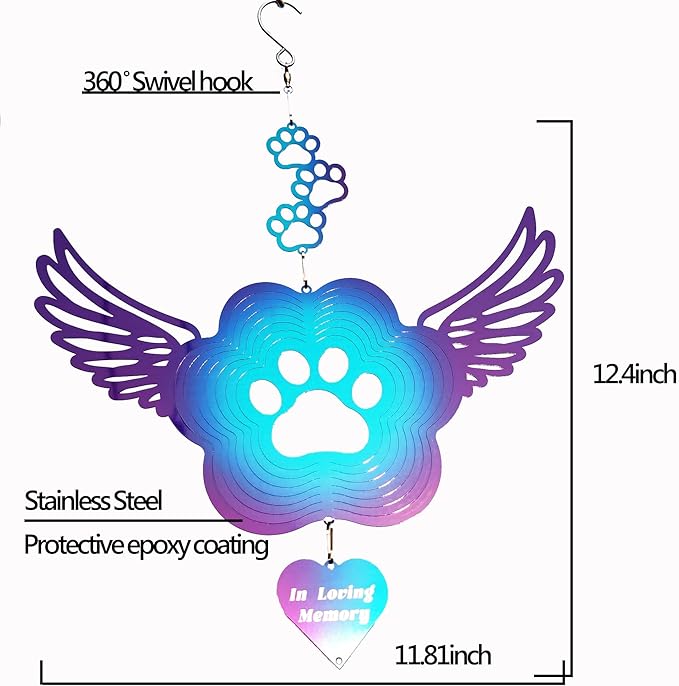 Pet Memorial Wind Spinners, Cat Memorial Gifts,Stainless Steel Angel Wings Pet Paw Print,Dogs and Cats Remembrance, Pet Sympathy,Pet Loss Bereavement Gifts