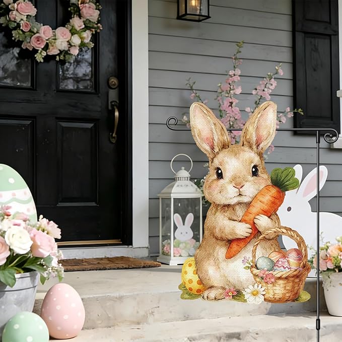 Heyfibro Happy Easter Bunny Garden Flag Banner Double Sided 12.6x18.9 Inch Cute Rabbit Garden Flag Small Yard Flags for Outside House Farmhouse Holiday Easter Outdoor Decorations