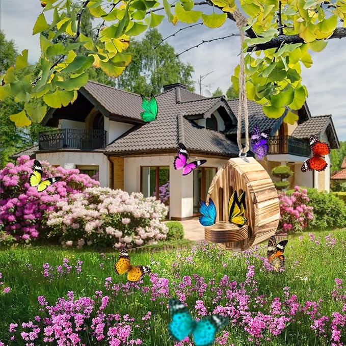 Picowe Butterfly House Wooden Habitat Natural Nesting Box Garden House with Feeder Hanging for Bee Butterfly Ladybirds for Garden Outside, Open Door