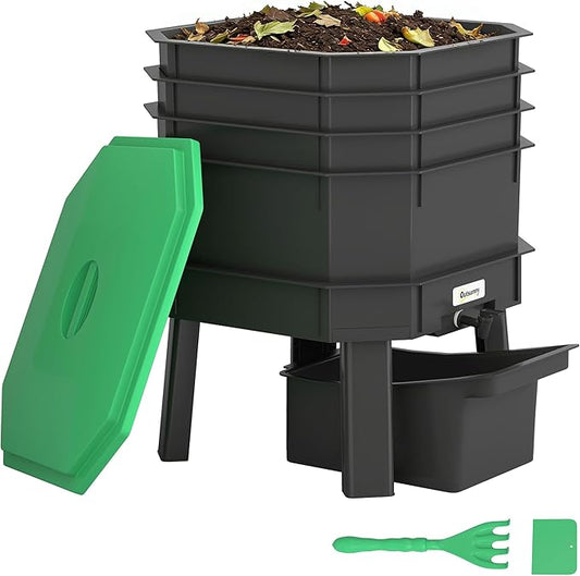 Outsunny 4-Tray Worm Composter Bin, 7.4 Gal Outdoor & Indoor Worm Composter, Farm Starter Kits for Vermicomposting Starter, Garden Composting Bin for Recycling Food Waste, Dark Green