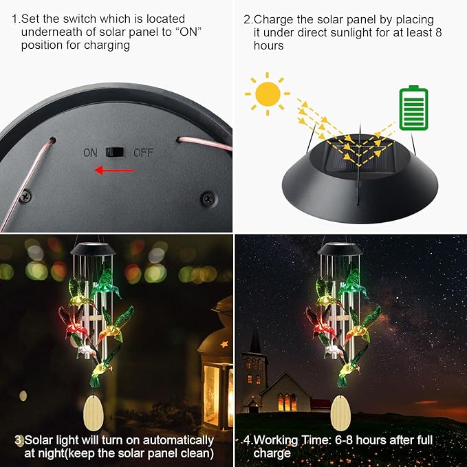 Solar Wind Chime, Solar Hummingbird Wind Chimes Outdoor/Indoor(Gifts for Mom/Grandma/Sister/Friend) Outdoor Decor,Yard Decorations Mom's Wind Chimes,