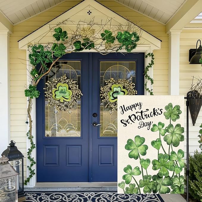 Happy St Patricks Day Garden Flag 12x18 Inch Double Sided Outside, Blossom Shamrock Outdoor Yard Flag Green Lucky Clover Holiday Decoration