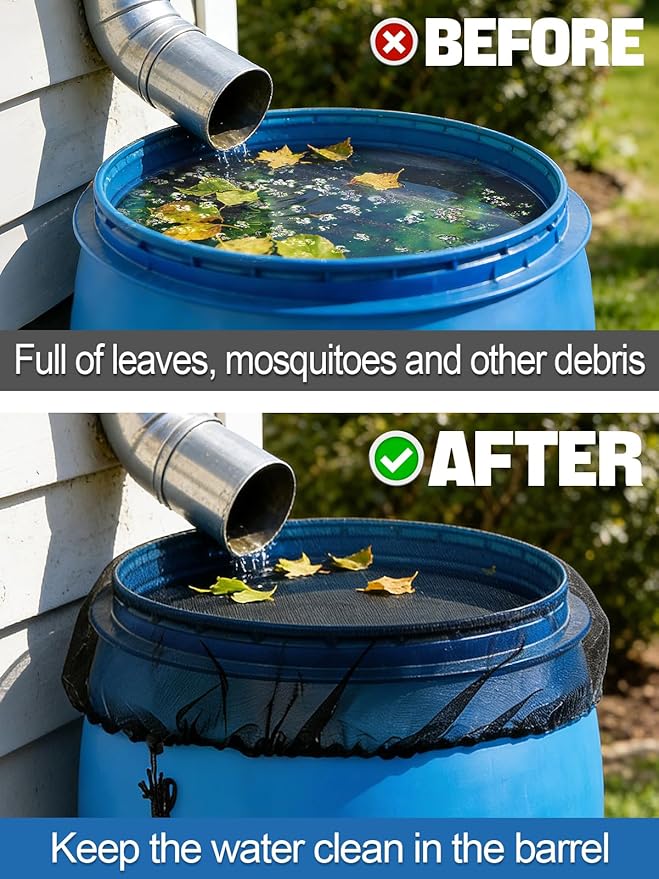 Mesh Cover for Rain Barrels - 2pcs 39in Rain Barrel Netting with Drawstring, Water Collection Buckets Tank Protector Screen for Preventing Fallen Leaves in Outdoor Garden Eaves