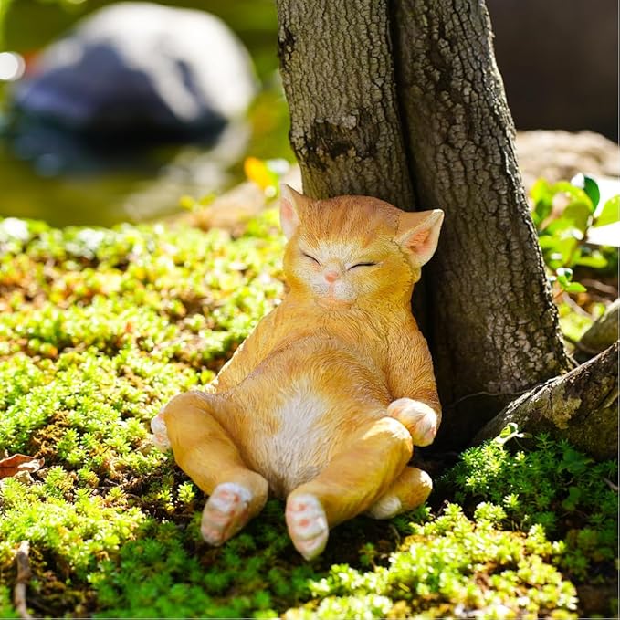 Cat Garden Statue Outdoor Decor, Resin Cat Figurine Garden Sculpture Patio Decor, Larger Pet Memorial Stone, Orange Sleeping Cat Memorial Gift for Loss of Cat, Outdoor Statues Pet Remembrance Gift