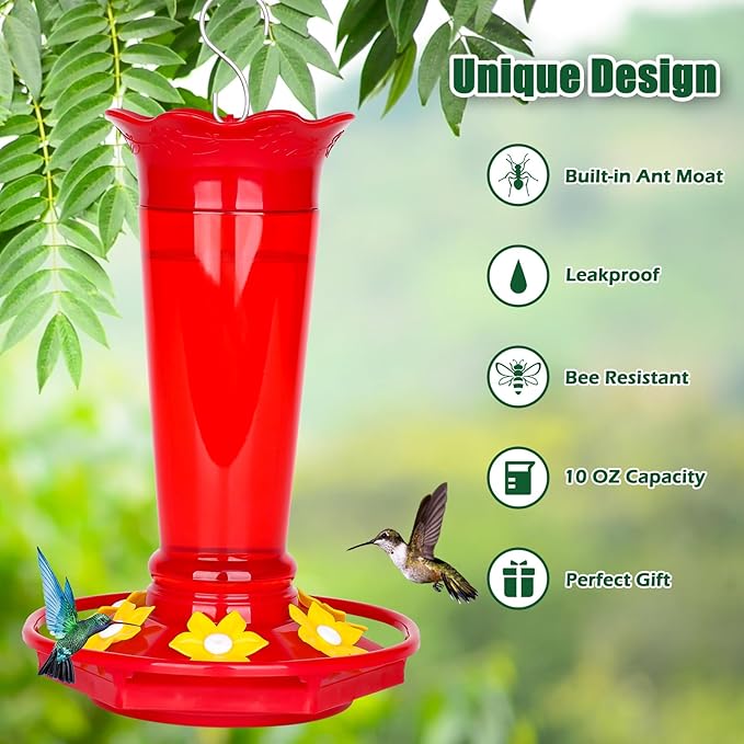 FEED GARDEN 10oz Plastic Hummingbird Feeders for Outdoors - 2 Pack Red, Ant & Bee Proof, 6 Feeding Ports, Easy Clean Red Nectar Feeders for Outside Hanging, Gifts for Christmas, Mom