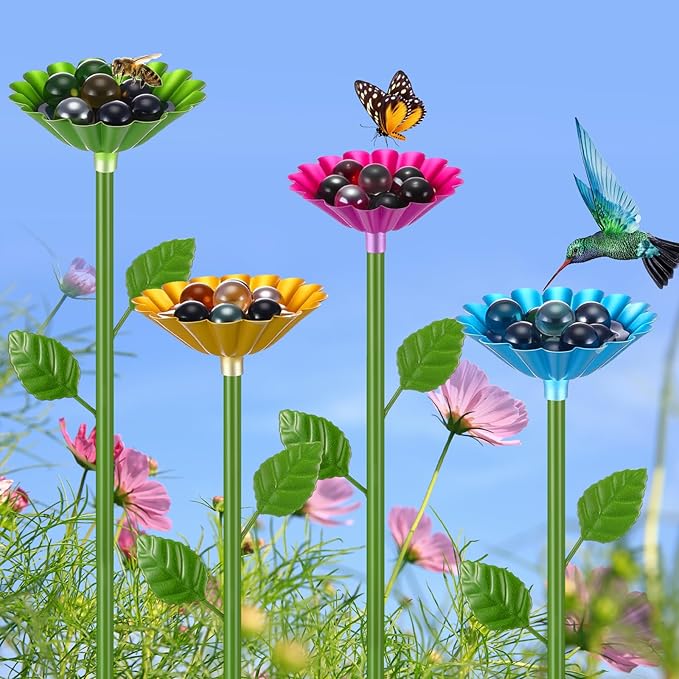 Baderke 4 Pack Bee Watering Station, Metal Butterfly Pollinator Water Feeder with Flower Design, Colorful Bee Bath Bowl with 50 Glass Marbles, Butterfly Watering Station for Outdoor Garden Yard Decor