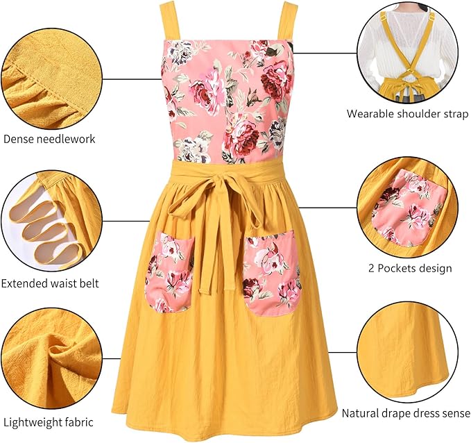 Vintage Pinafore Apron Dress for Women with Pockets Cute Floral Chef Aprons for Kitchen Cooking Baking Gardening