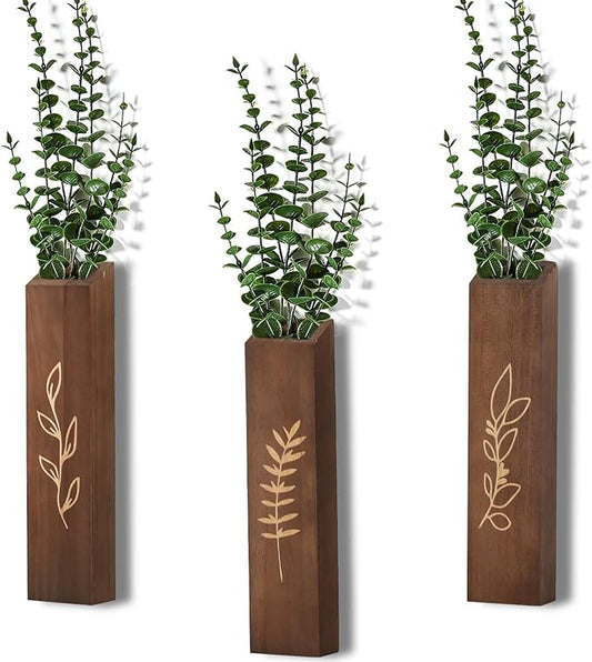 Wooden Wall Planter Set of 3 - Modern Home Decor for Living Room, Bedroom, Bathroom - Dark Brown Finish Planter for Dried Flowers, Faux Greenery, Indoor Plants