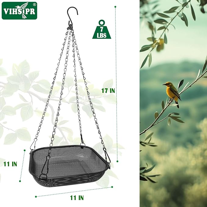 Platform Hanging Bird Feeder for Outdoors – Metal Mesh Seed Tray to Attract Wild Birds, Square 11 x 11 in, Black