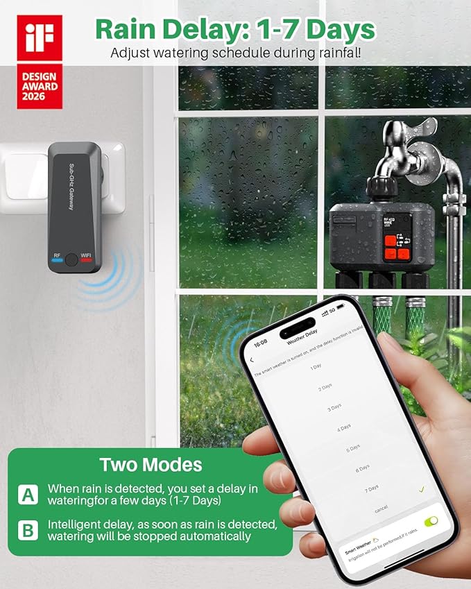 WiFi Sprinkler Timer 3 Zone with 984 Feet RF Gateway, 3 Outlet Smart Water Timer for Garden Hose with Rain Delay/Manual/Automatic,WiFi Water Hose Timers for Garden & Lawns